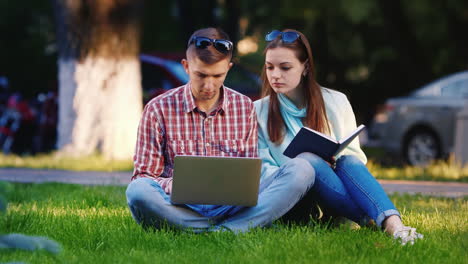 amigos de un hombre y una mujer sentados en el césped del parque disfrutando de la laptop en el fondo