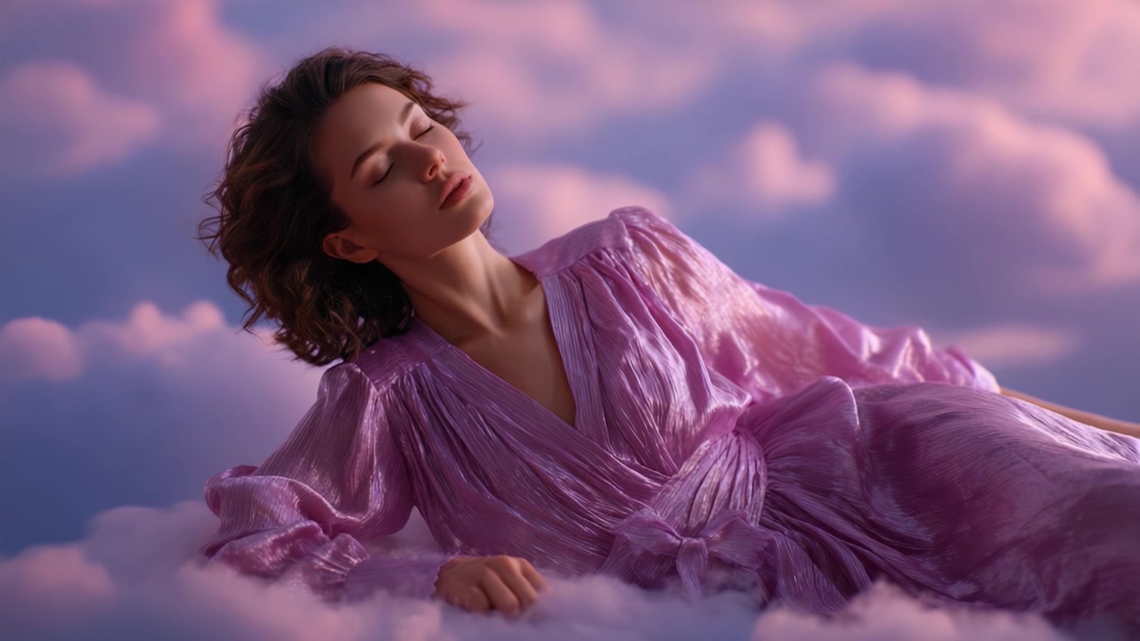 A Serene Dreamscape: A Young Woman in a Flowing Pink Dress Relaxing Among Soft Clouds Under a Beautiful Pastel Sky