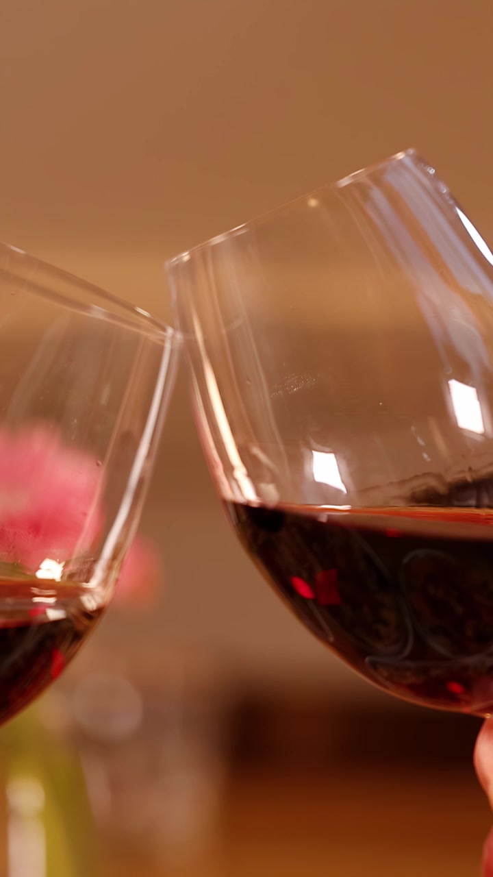 Dos copas de vino tinto brindan en un ambiente cálido de restaurante con iluminación bokeh suave