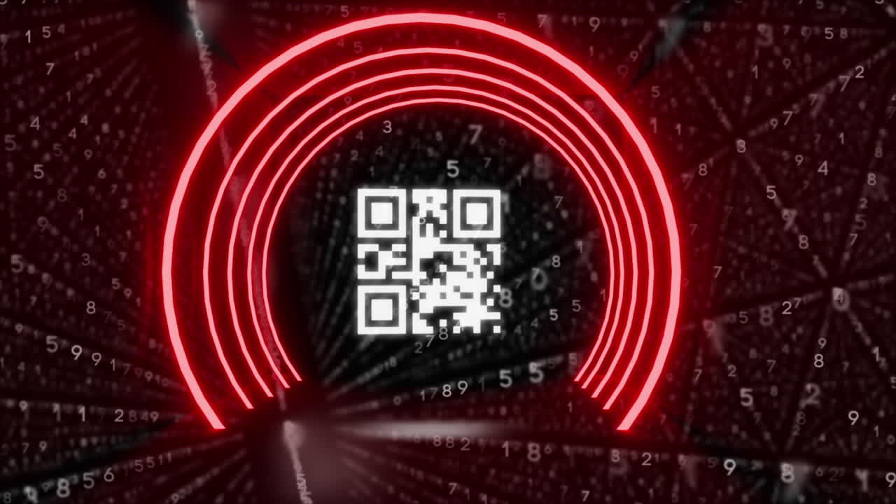 Digital animation of glowing qr code against rows of changing numbers on black background