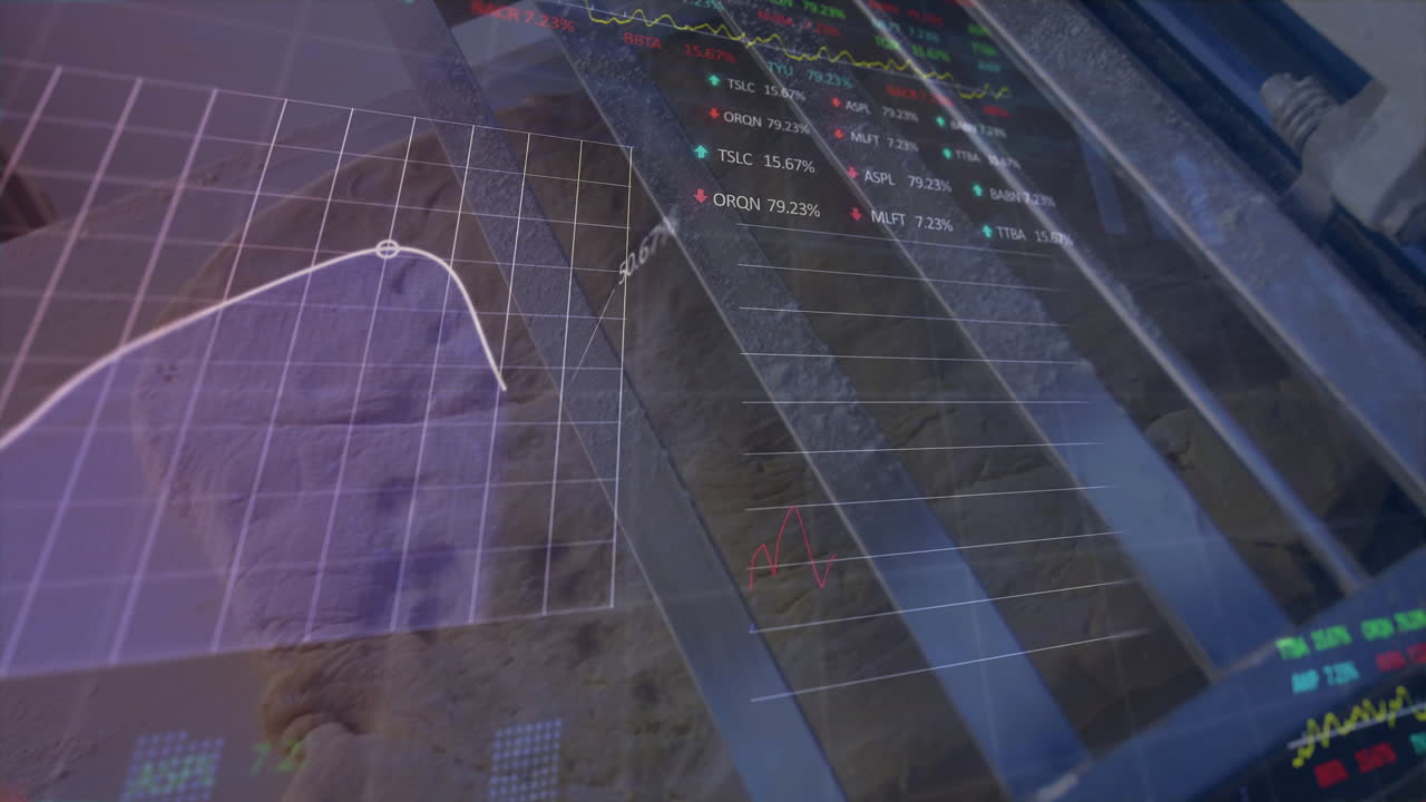 Overlaying rocky landscape, animation of financial data graphs and charts in school
