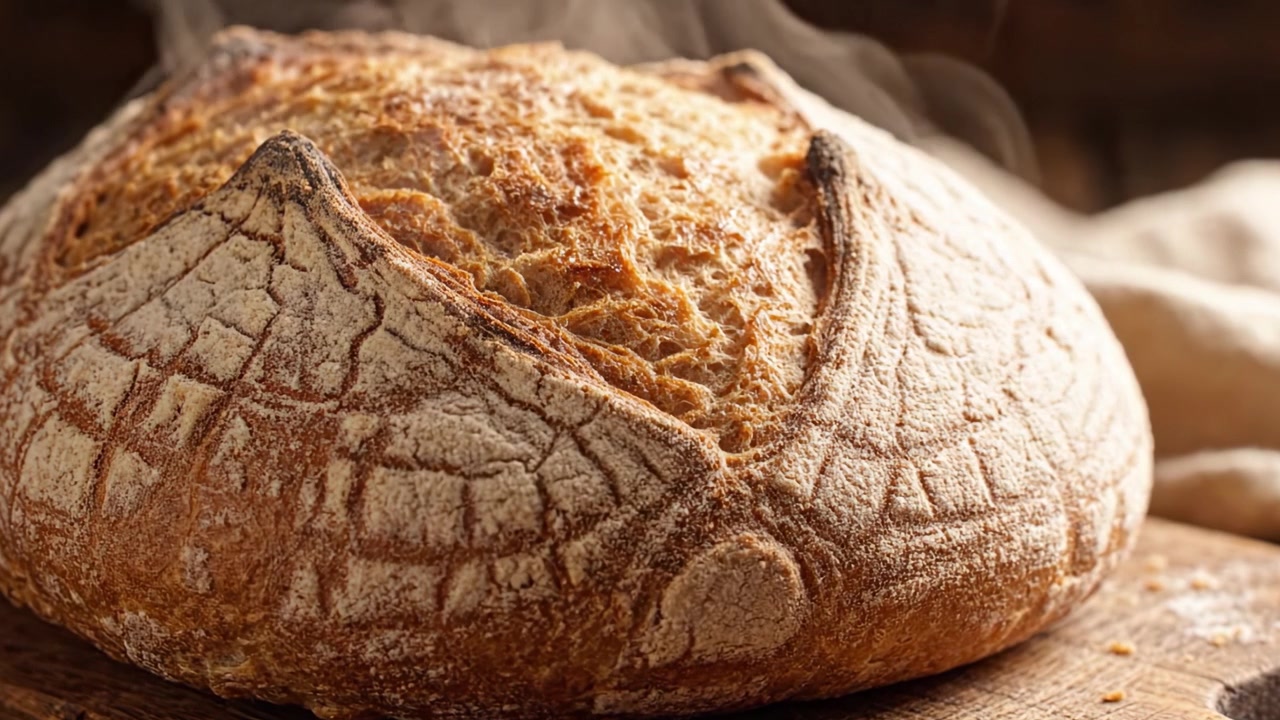 Freshly Baked Artisan Bread: A Beautifully Crusty Loaf with Steam Rising, Showcasing the Perfect Blend of Texture and Taste for Bread Lovers
