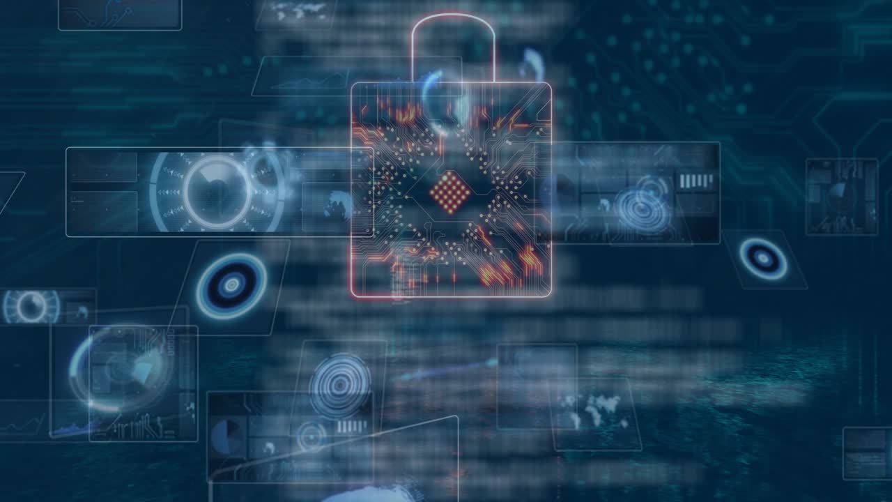 Neon padlock appearing, pulsing, starting holo UIs, data stream crossing, showing security network