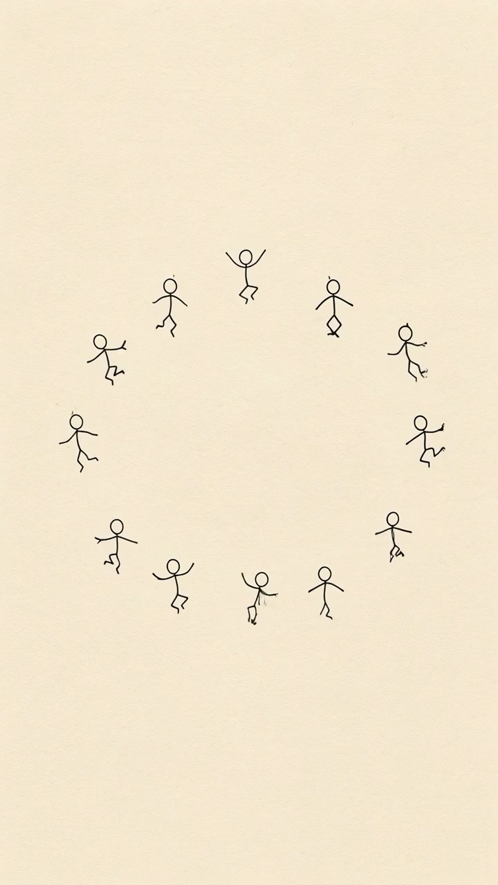 Semplici personaggi stilizzati cambiano le posizioni di braccia e gambe pur rimanendo disposti ad anello, circondando un ampio centro aperto su uno sfondo crema dalla texture morbida con una composizione minimale.