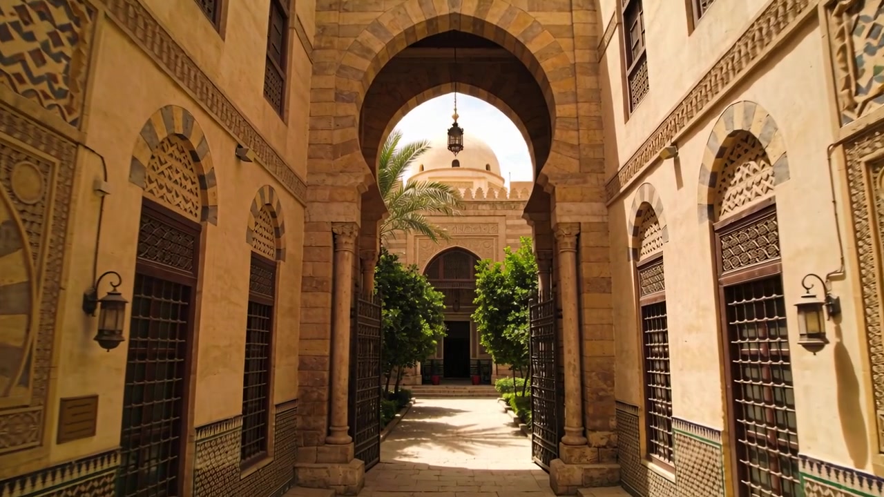 Telecamera che si avvicina all'arco centrale attraverso uno stretto passaggio nel cortile, rivelando cupola e lanterna.
