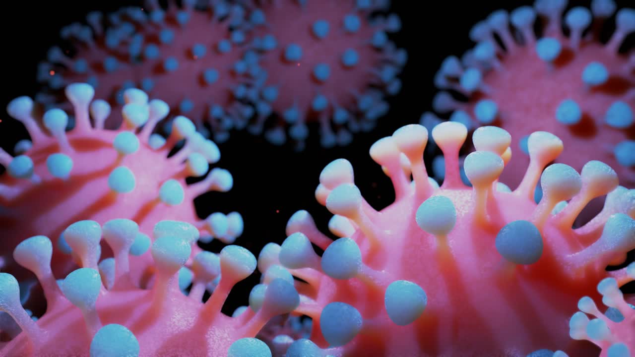 en primer plano, el coronavirus tipo covid-19, h1n1, la gripe aviar o la gripe porcina se mueven suavemente en el fluido. representación 3d del virus como fondo de bucle microscópico microbiológico. gradiente azul rojo 6