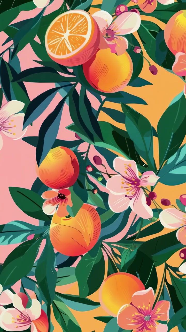 Vibrant Illustration of Oranges and Blossoms on a Pink Background