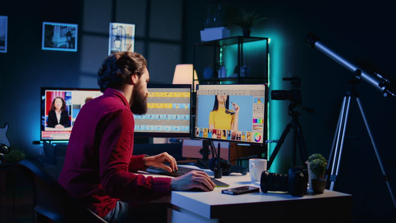 editor de fotos independiente retocando fotografías, interrumpido por una llamada telefónica de un cliente