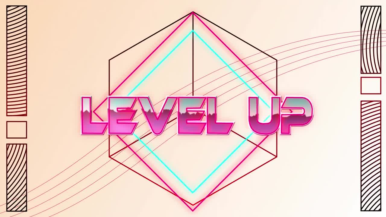 Animation of level up text over light trails on white background