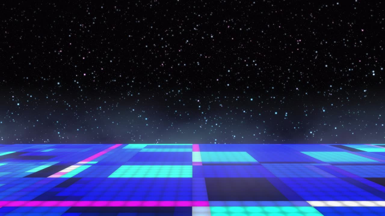 bucle de video generado digitalmente, que muestra una pista de baile de discoteca iluminada, que está flotando en el espacio exterior