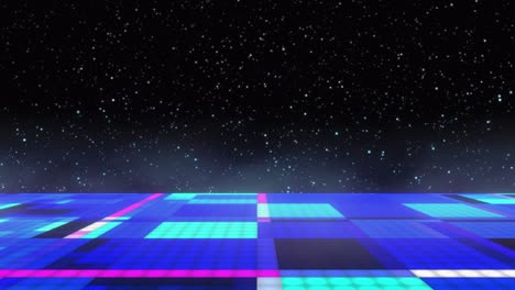 bucle de video generado digitalmente, que muestra una pista de baile de discoteca iluminada, que está flotando en el espacio exterior