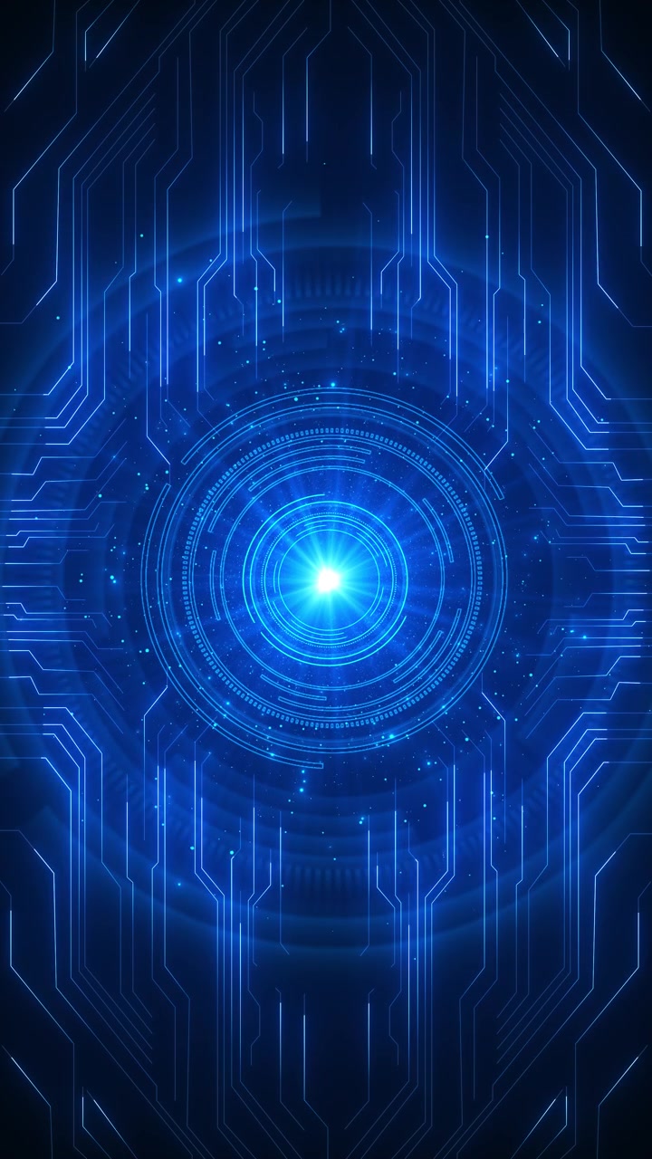 Sfondo futuristico di scanner tecnologico blu, bagliore centrale radioso, anelli concentrici dell'interfaccia, particella