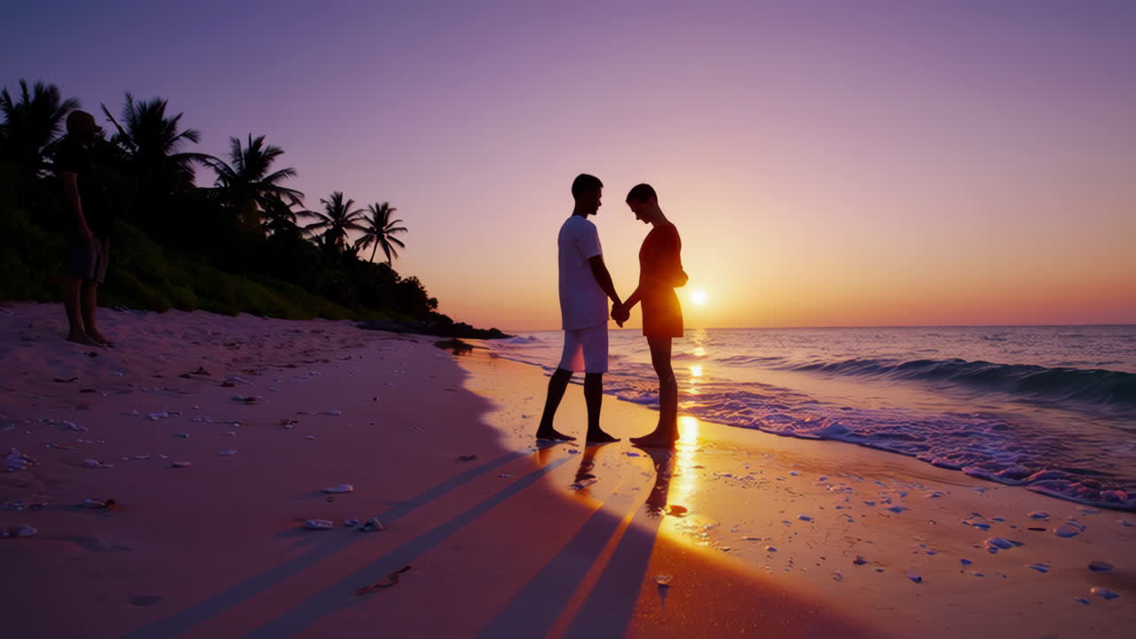 Couple Walking on Beach at Sunset