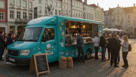a vibrant food truck experience at sunset: people gather around a colorful food truck serving burgers and drinks in a lively square environment