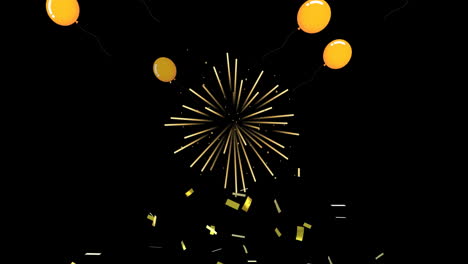 animation of yellow balloons and fireworks over dark background