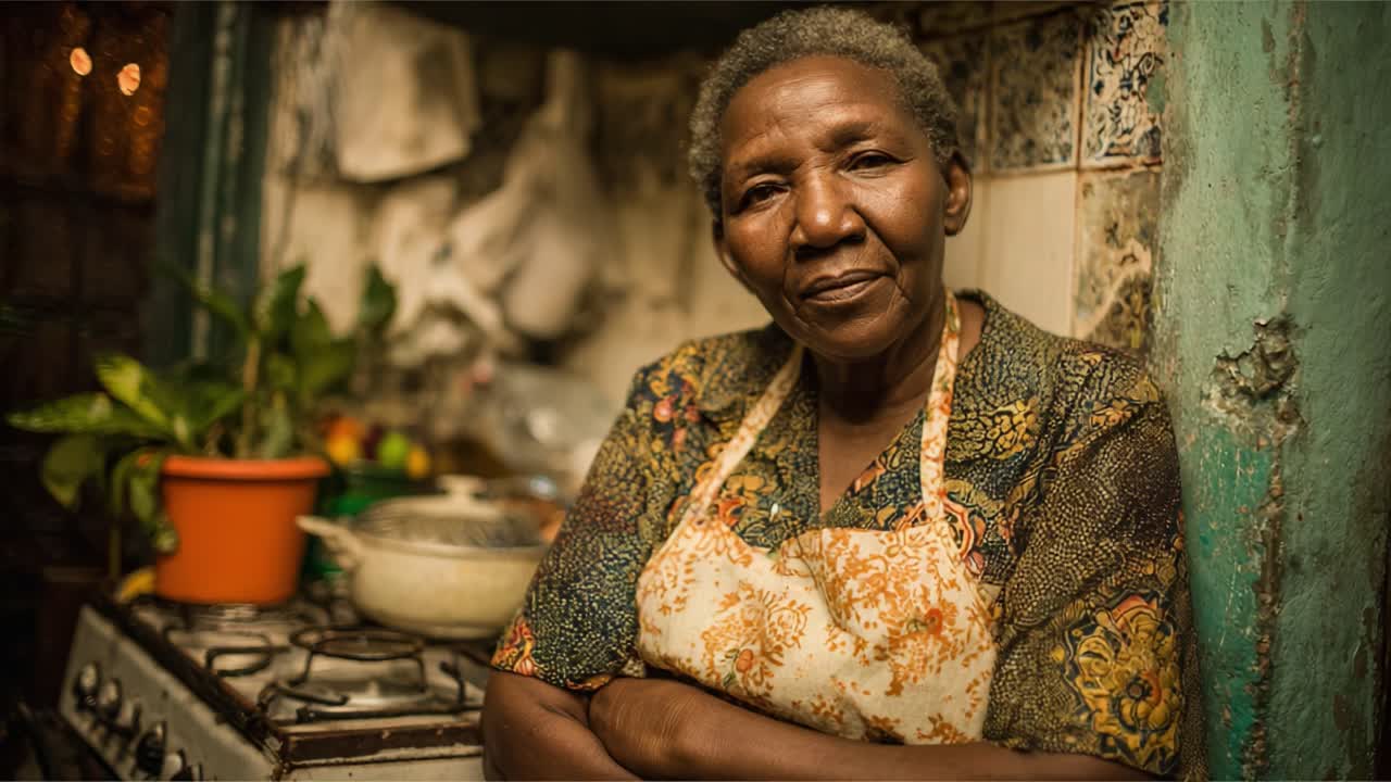 A Reflective Moment in the Kitchen: An Elderly Woman Embracing Heritage and Tradition While Sharing Warmth and Wisdom in a Family Setting