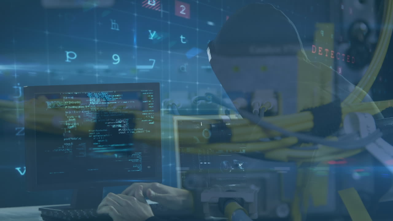 Animation of online security cyber attack warning and data processing over male hacker
