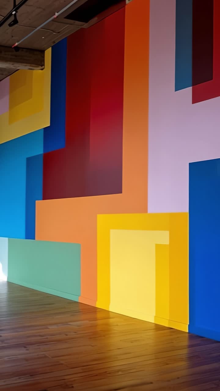 Explorando o Design de Interiores Vibrante: Um Espaço Moderno Exibindo Padrões Geométricos Coloridos nas Paredes e Luz Natural Entrando por Grandes Janelas