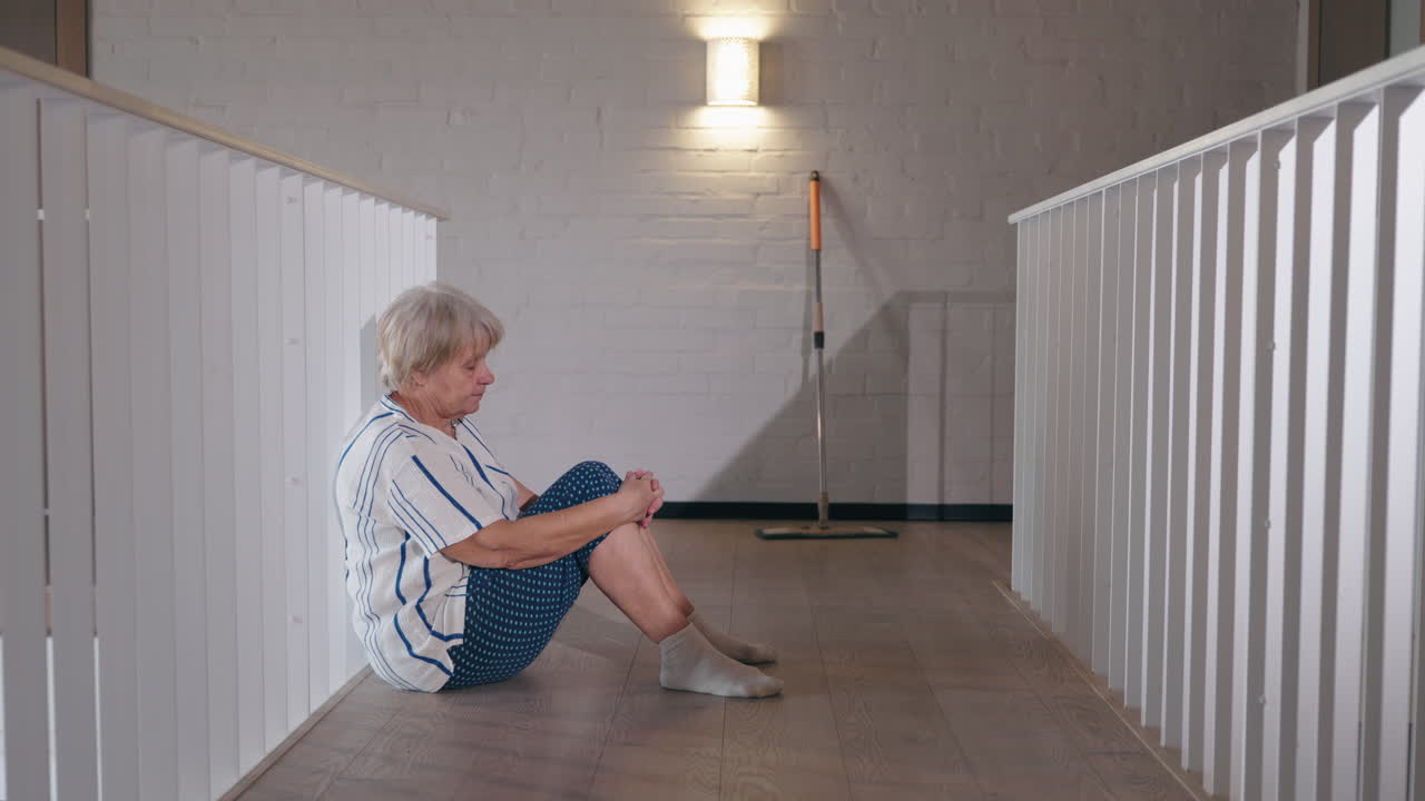 바닥에 앉아 있는 노인 여자