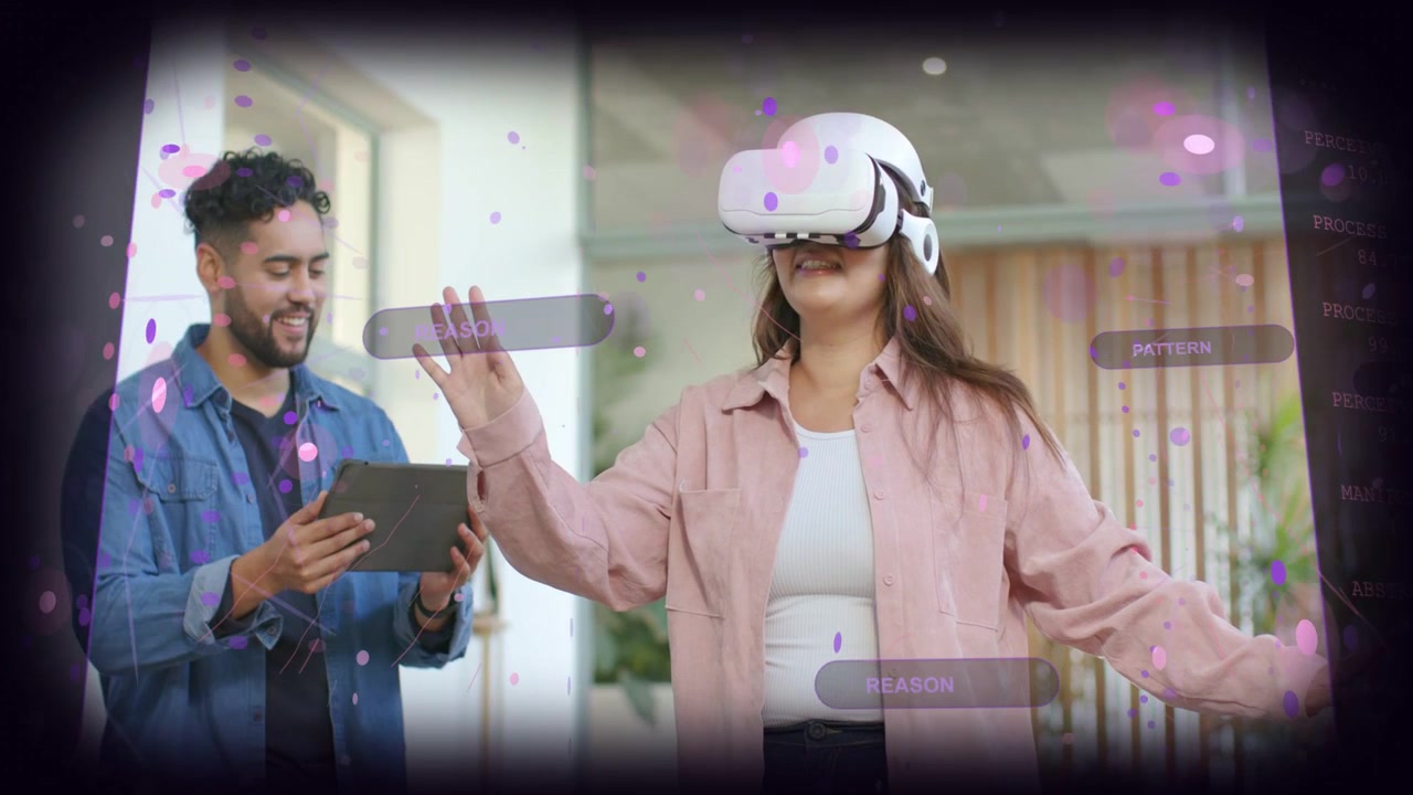 Woman wearing VR headset initiating tech demo, reaching while guide tapping tablet, HUD animating