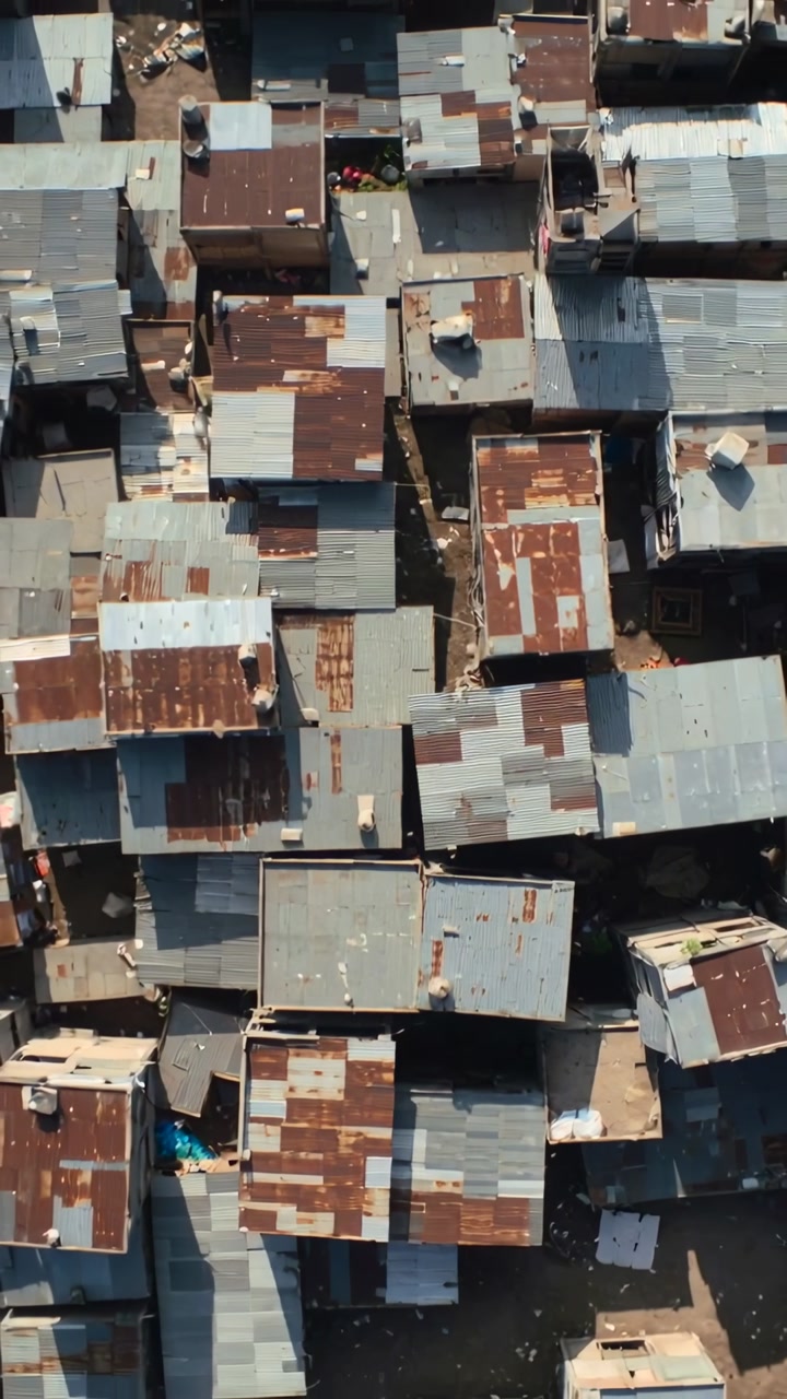 Vertical video: Drifting drone showing dense corrugated roofs over slum, revealing blue tarp, rust