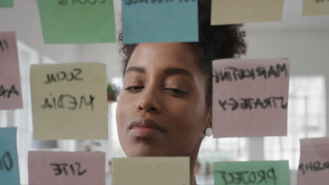 mixed race business woman using sticky notes  brainstorming ideas problem solving with creative mind map planning strategy in office working on solution