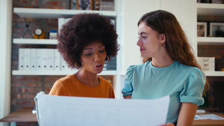 Two Female Architects Meeting And Discussing Building Plans In Modern Office