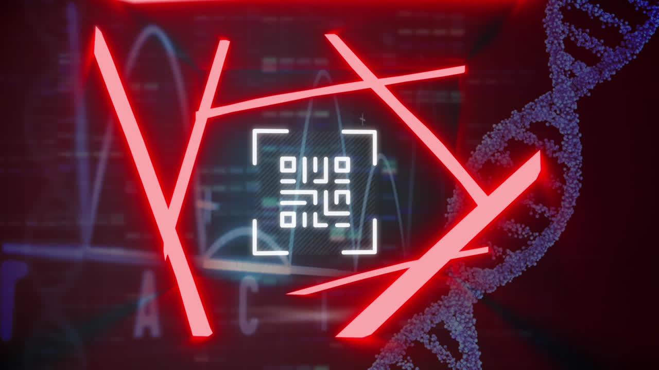 Digital animation of glowing qr code over dna structure spinning and ecg graph on black background