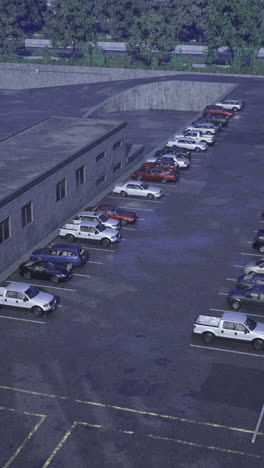 view of an empty parking lot near a dock during a sunny afternoon