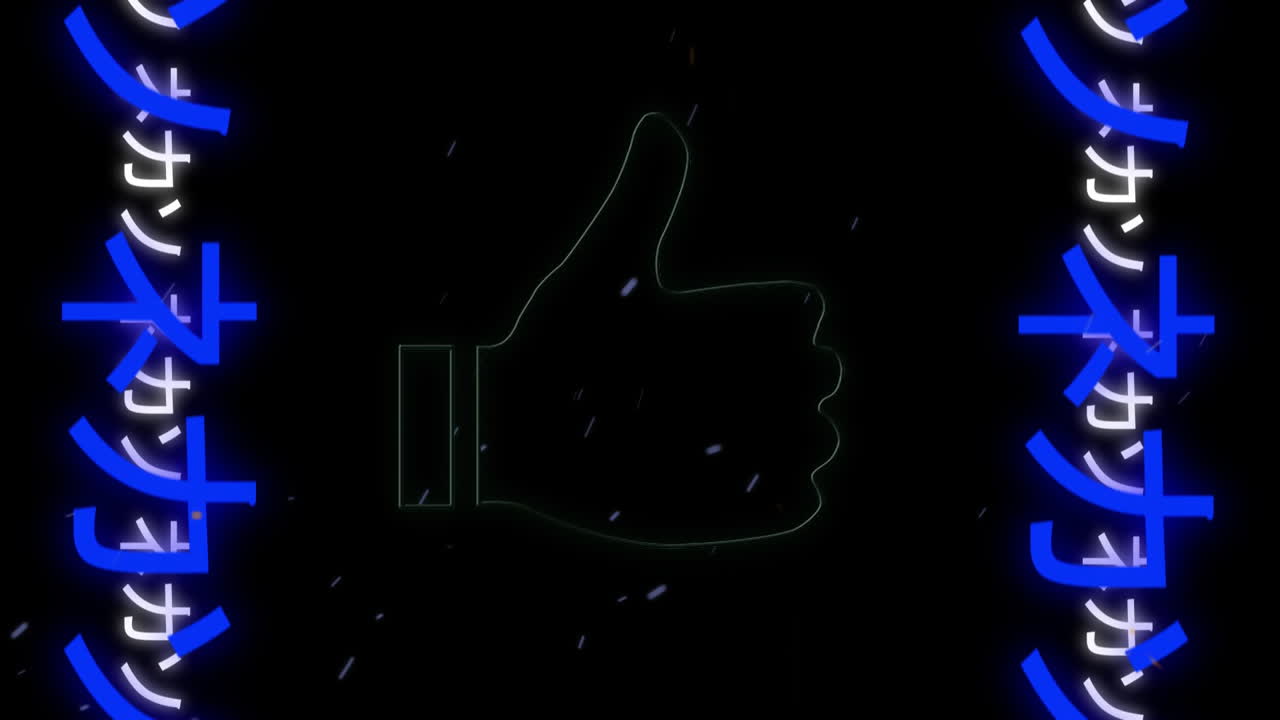 Animation of neon thumb up icon over neon japanese text on black background