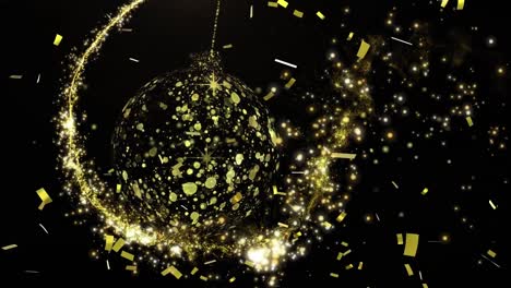 animation of confetti and shooting star over golden bauble on black background