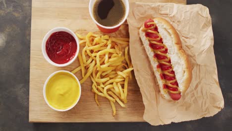 Video-of-hot-dog-with-mustard,-ketchup-and-chips-on-a-black-surface