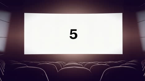 empty movie theater with blank screen and countdown number 5