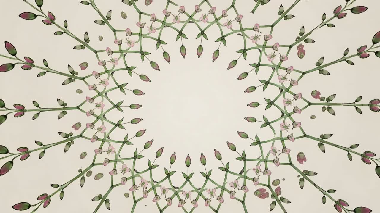 Advancing frames causing circular green-stem wreath tightening over beige field, with pink buds