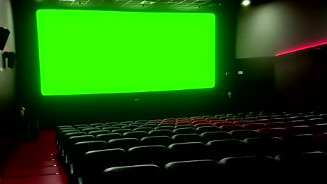 cinema interior of movie theatre with empty red seats with copyspace on the chroma key green screen and glow on edge, concept of recreation