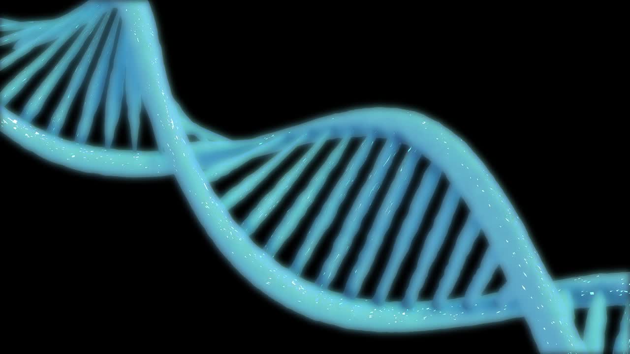 un holograma animado de adn rotativo de doble hélice azul brillante sobre un fondo negro.