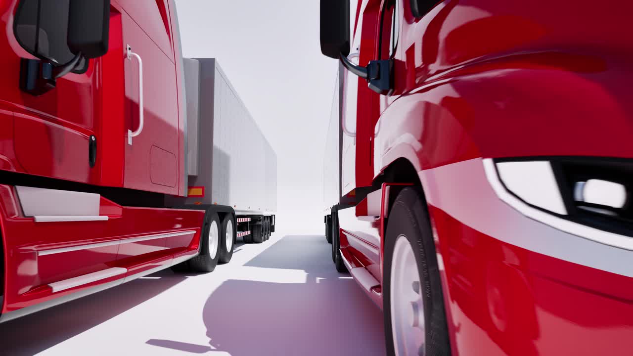 미국 스타일의 빨간색 반 트럭과 색 배경의 트레일러 3d 애니메이션 카메라  아웃