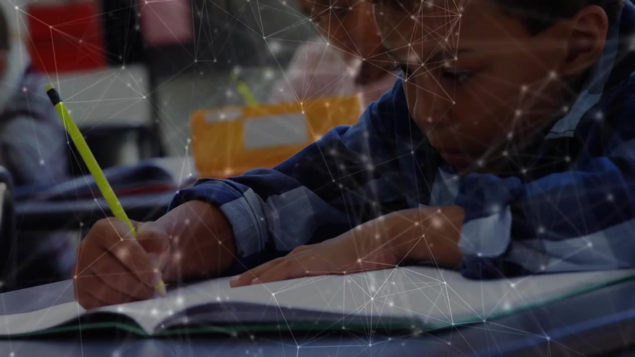 Camera starting closeup, child writing with yellow pencil, adjusting grip and leaning to read