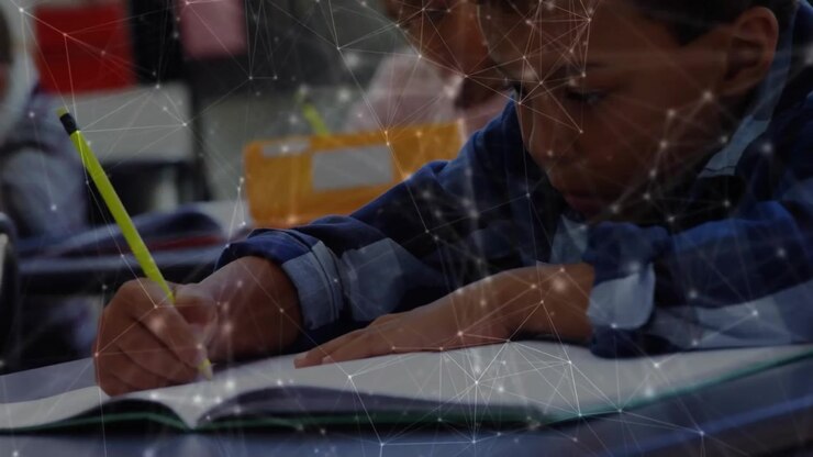 Camera starting closeup, child writing with yellow pencil, adjusting grip and leaning to read