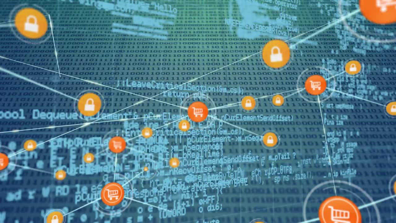 Animation of network of connections with icons over data processing on blue background