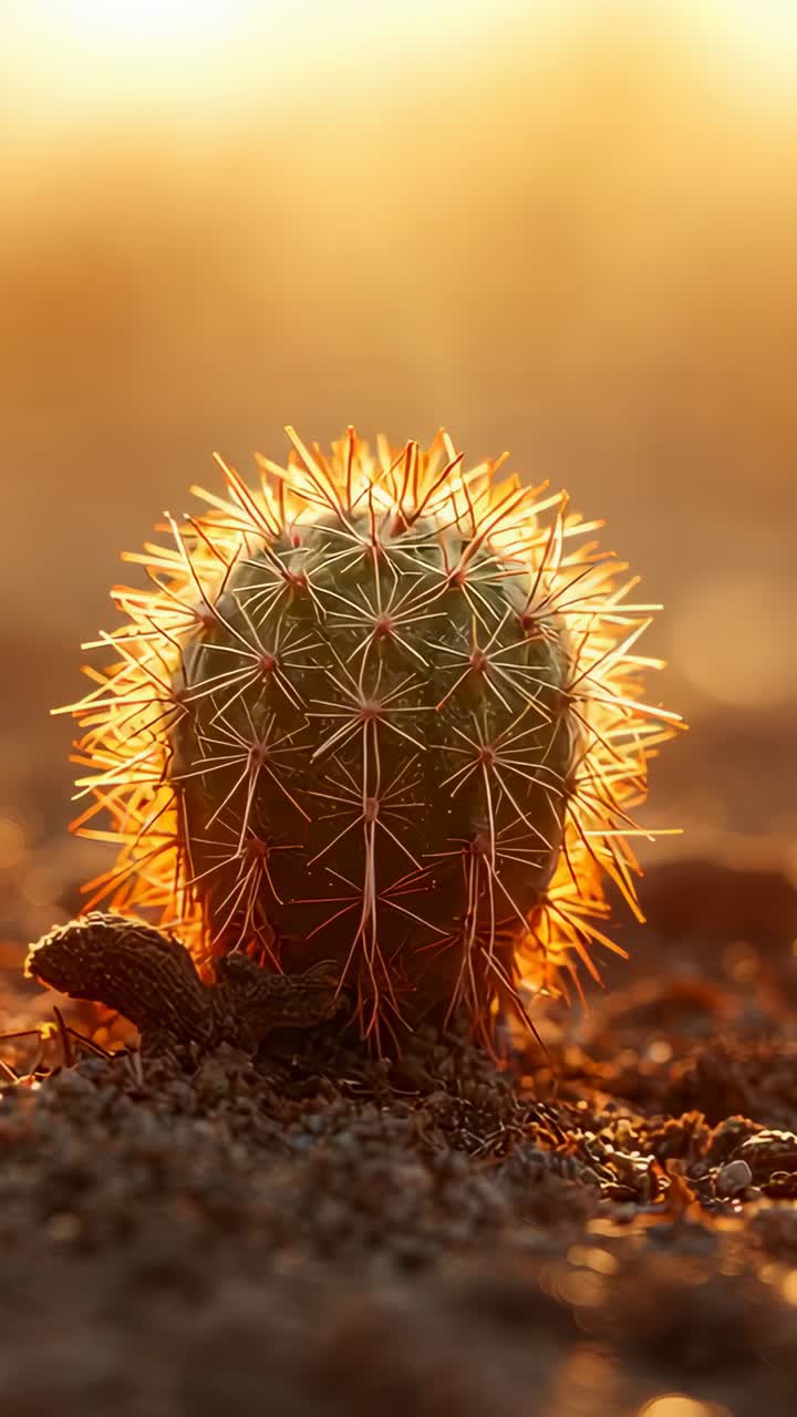 Video verticale: sole nascente con illuminazione perimetrale che crea un alone attorno a un cactus mentre la telecamera effettua una panoramica sul suolo desertico, con un ramoscello