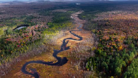 drone footage of a river in upstate new york surrounded with fall foliage