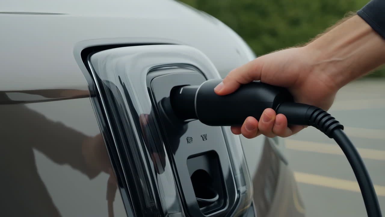 A hand plugs an electric vehicle into a charging station