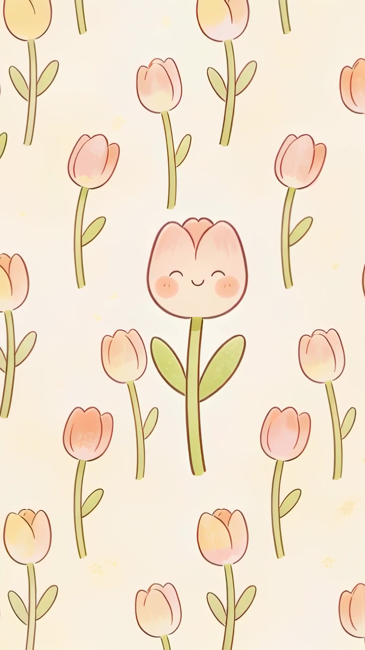 Vídeo vertical: Tulipa rosa central em loop, com pétalas que se movem suavemente e balançam em tela creme, pequenas tulipas.
