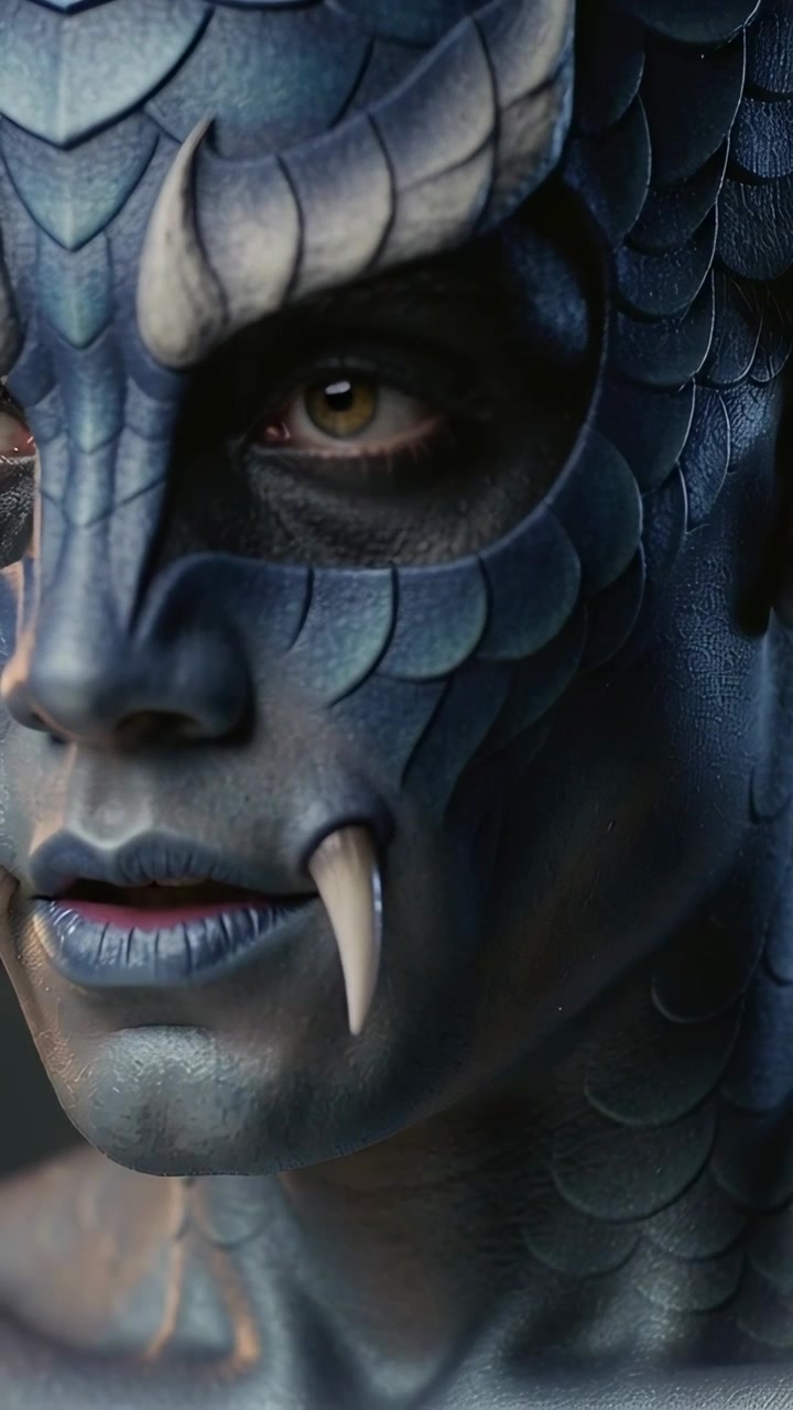 Video verticale: La fotocamera inquadra una modella che si gira leggermente e sbatte le palpebre in studio, mostrando squame blu