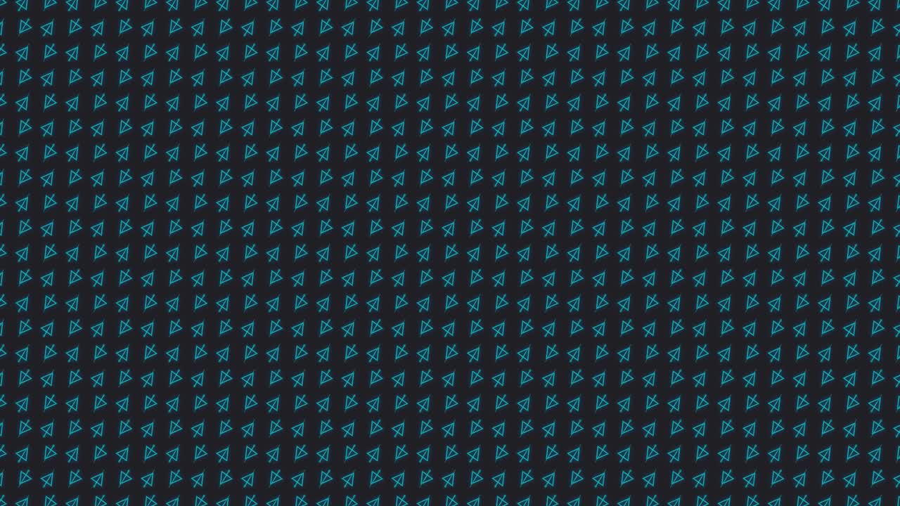 Loopable abstract animated background with small rotating triangles and zig zagging lines tiled on a dark grey background in bright teal color scheme