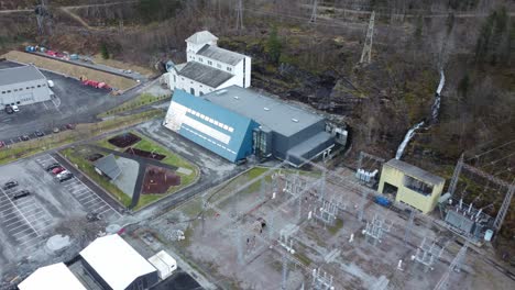 hydroelectric powerplant and transformer station in dalekvam norway - building of bkk eviny company - backward moving aerial overview