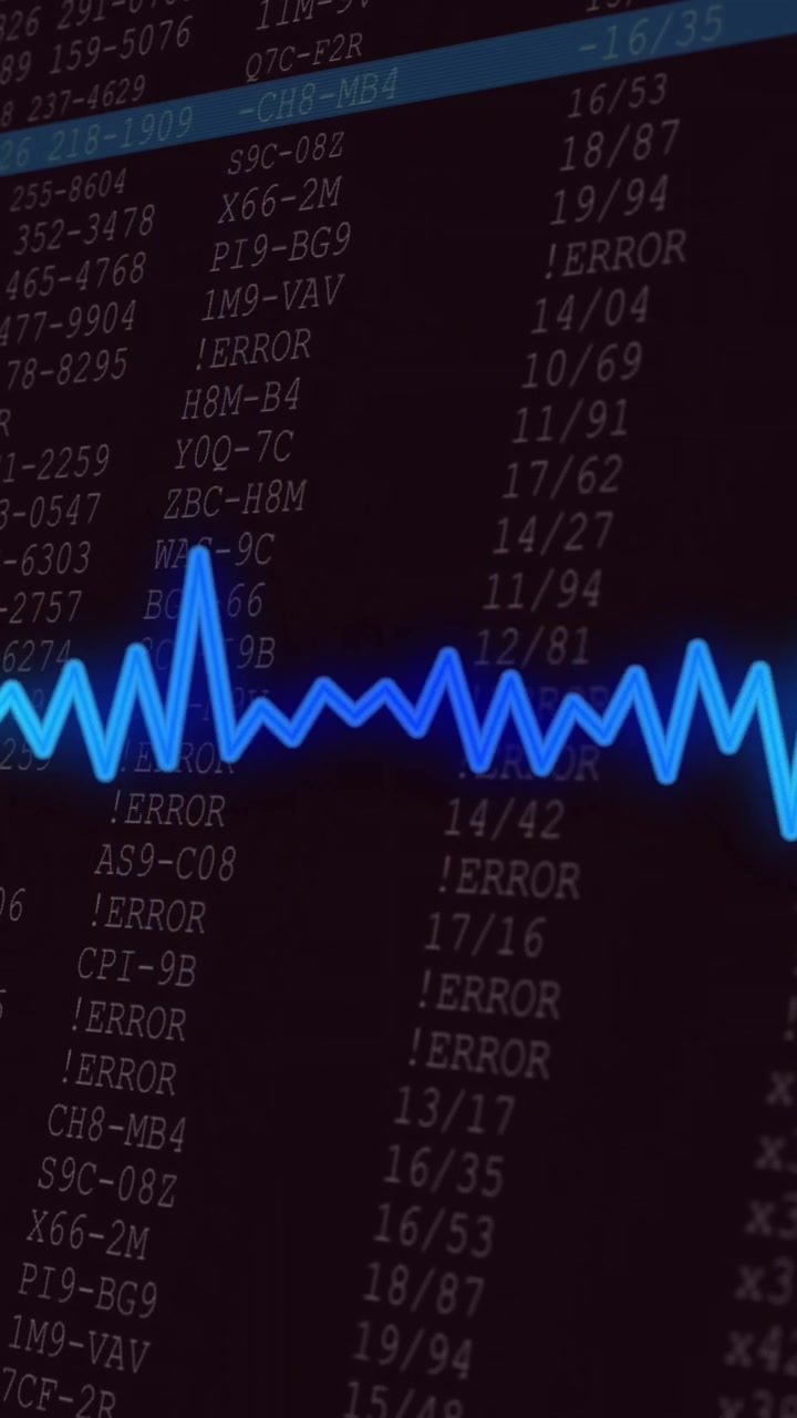 Neon waveform animation over digital data and error codes on dark background