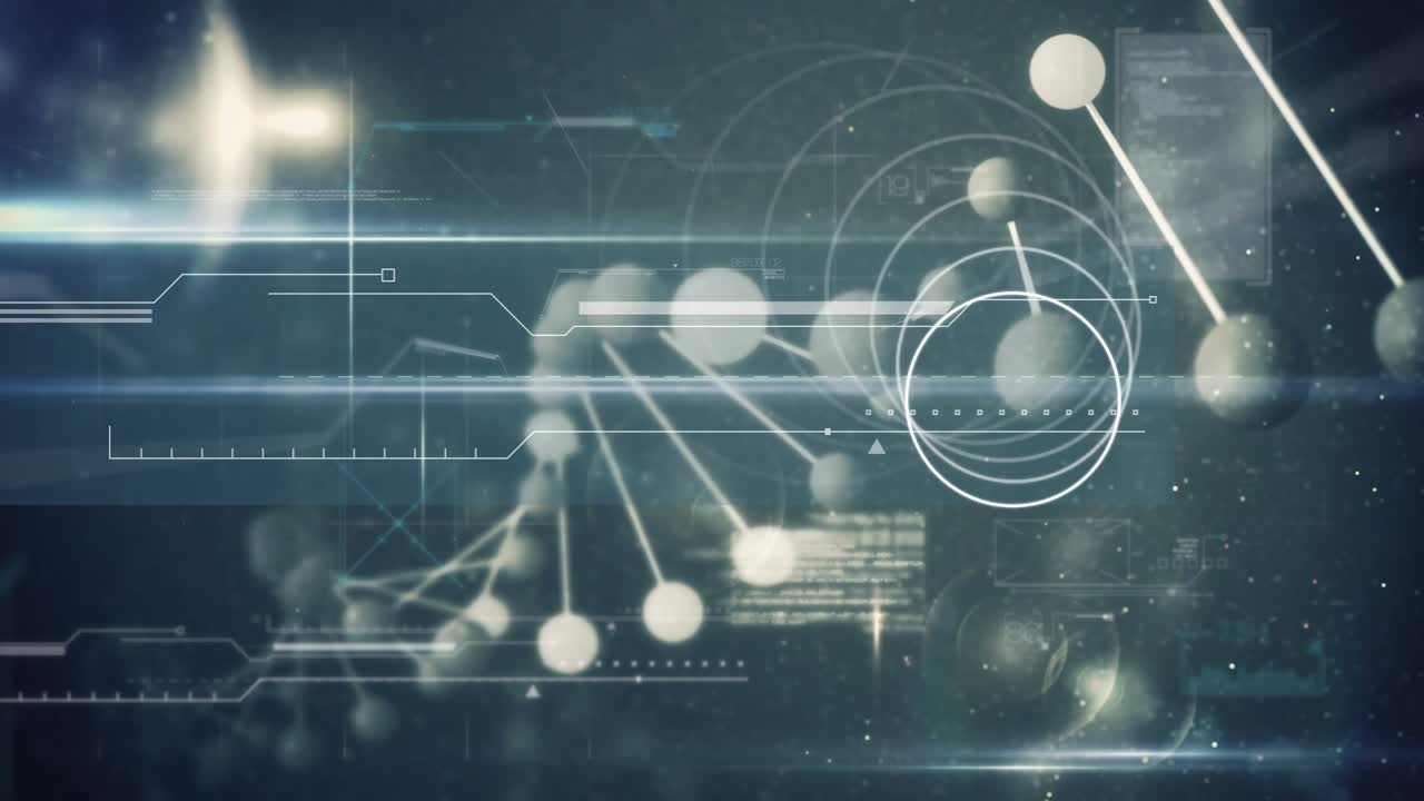 Animation of dna, circles and data processing on dark green background