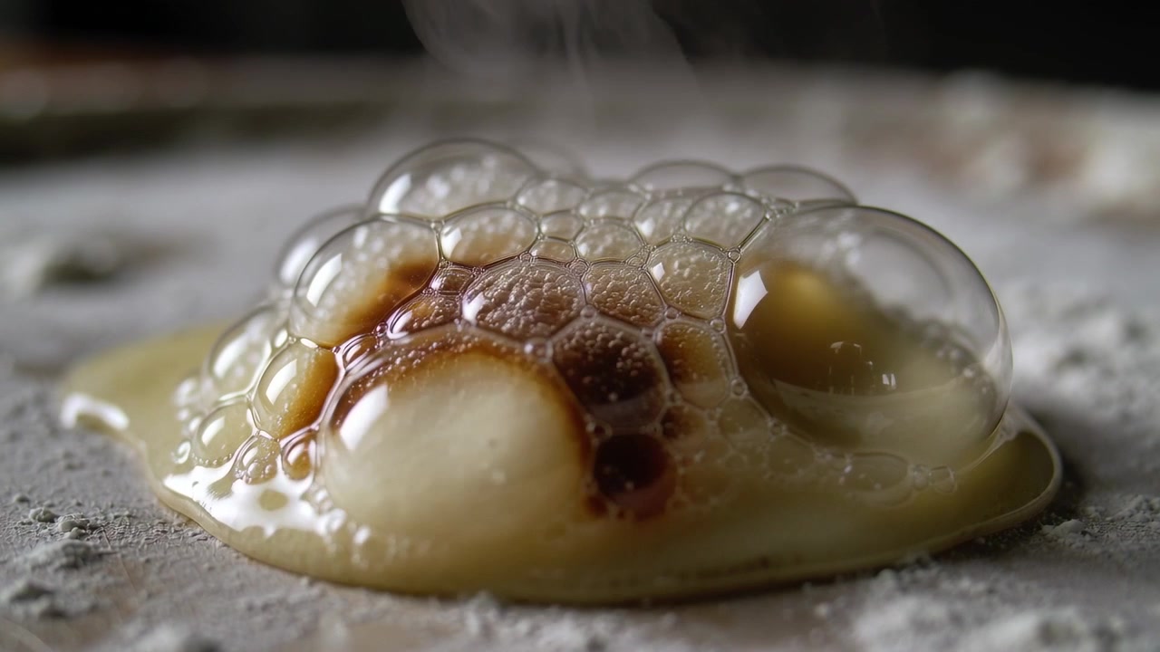 Uovo rotto che frigge formando bolle lucide dal calore su una piastra calda, con macchie caramellate e vapore